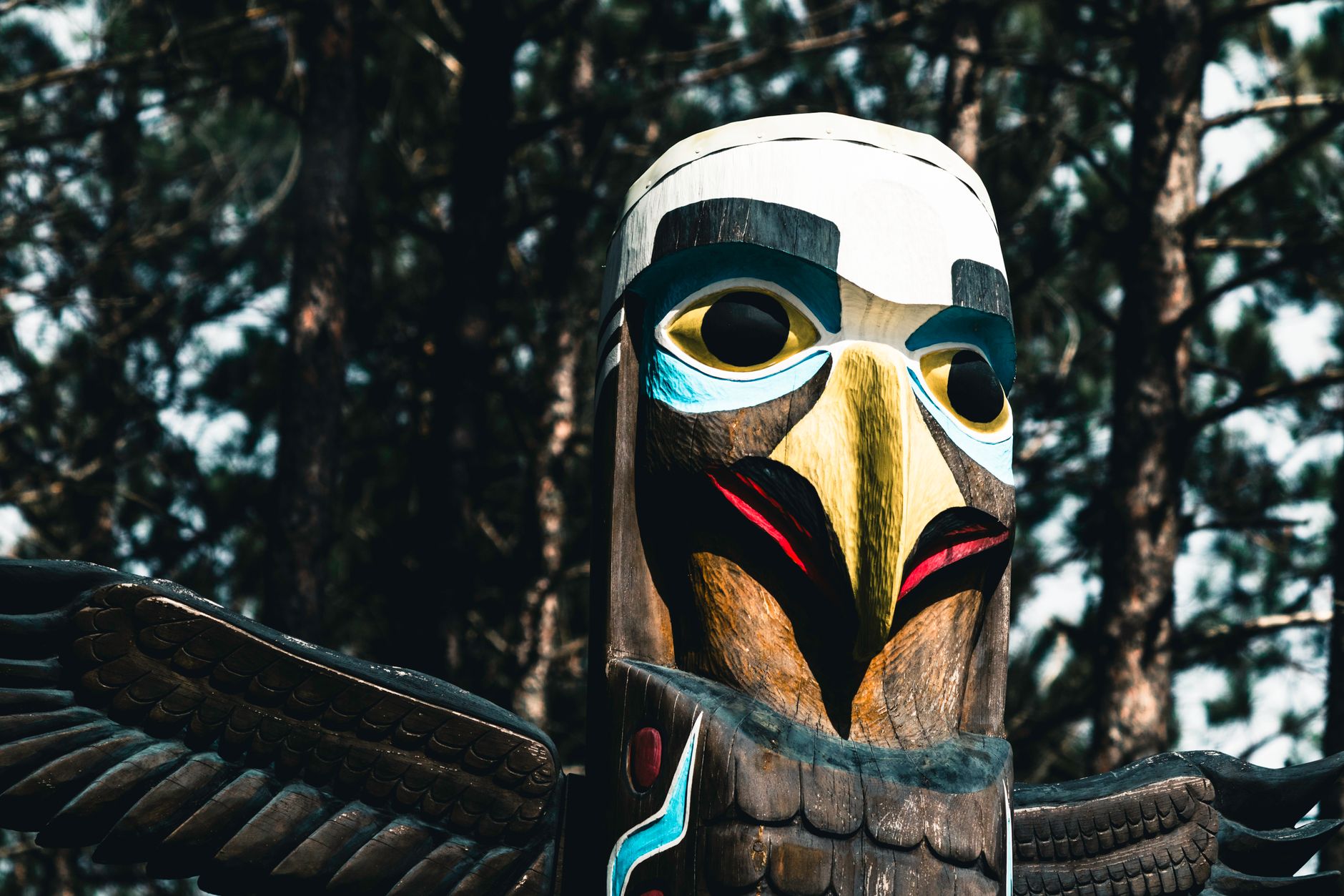 Totem en bois sculpté et peint représentant un oiseau au bec jaune et aux ailes déployées, devant des arbres.